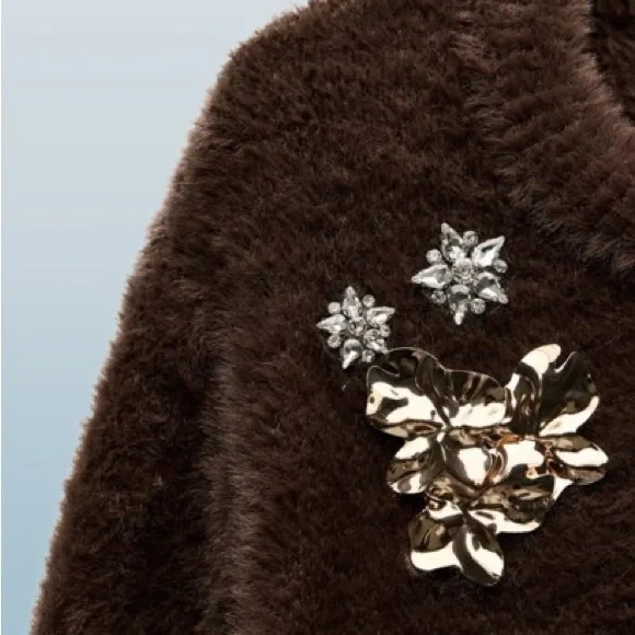 Zara Brown Fuzzy Sweater with Gold and Silver Floral Details - Picture 3 of 3